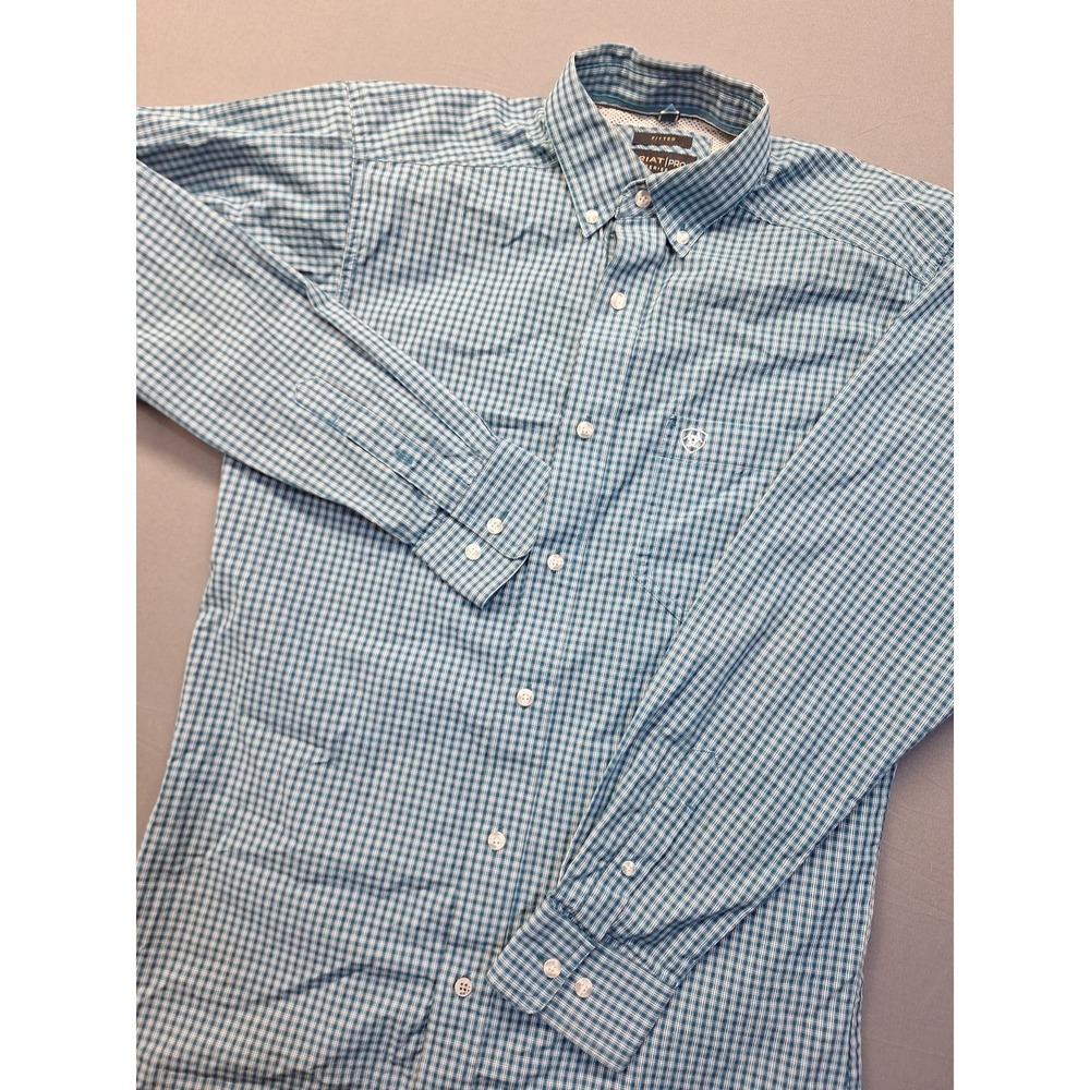 Ariat Shirt Mens Medium Blue Plaid Pro Series Fitted Long Sleeve Western Rodeo